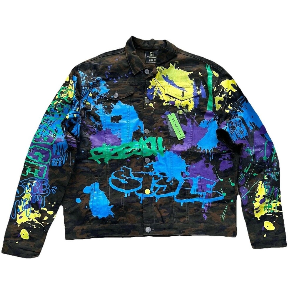 Sacred Crown Men's 4XL Painted Camo Jean Jacket Graffiti Trucker NWT
